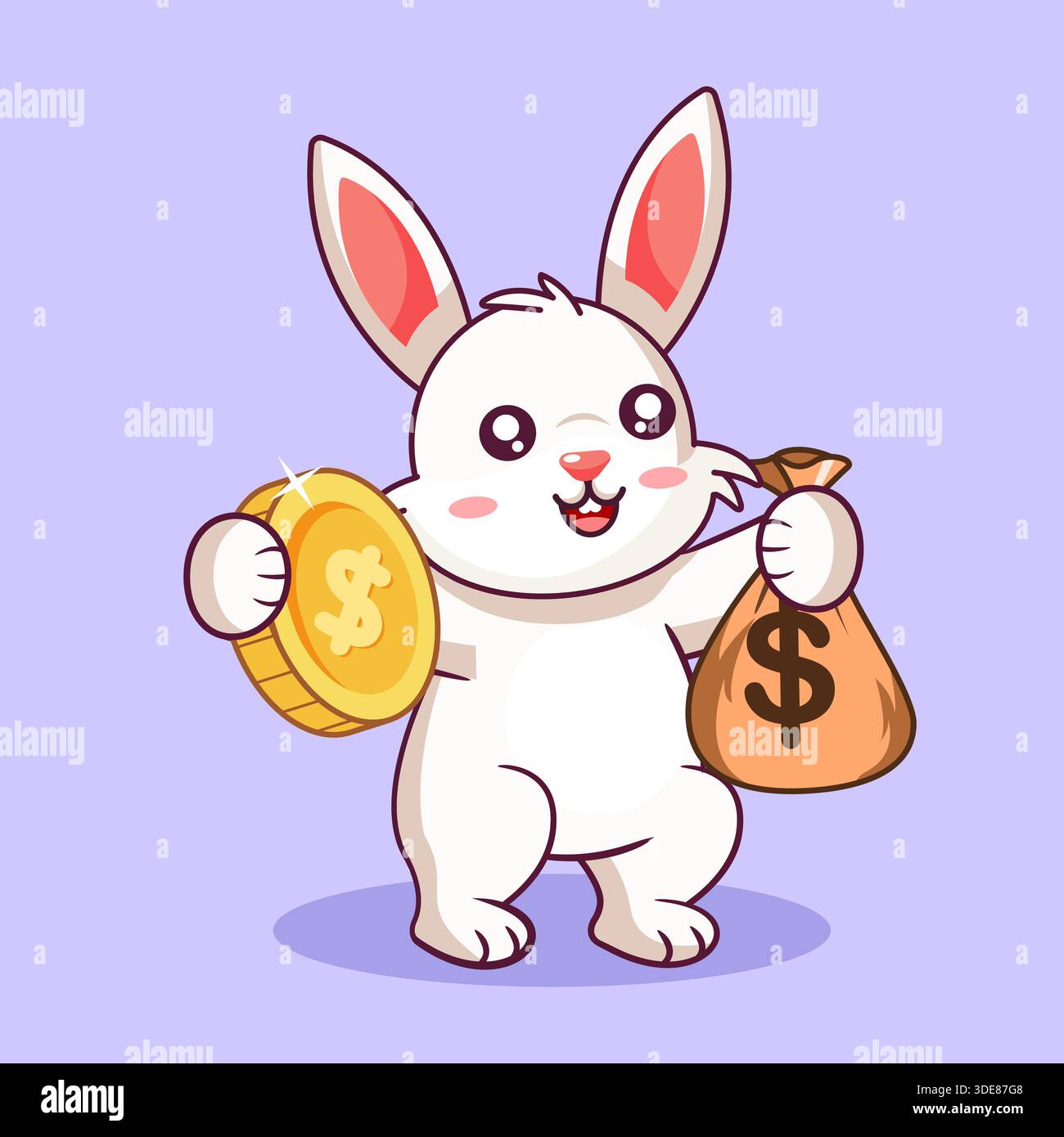 Money For Rabbit Happy Cartoon Rabbit Holding a Gold Coin and a Bag of Money Vector ...