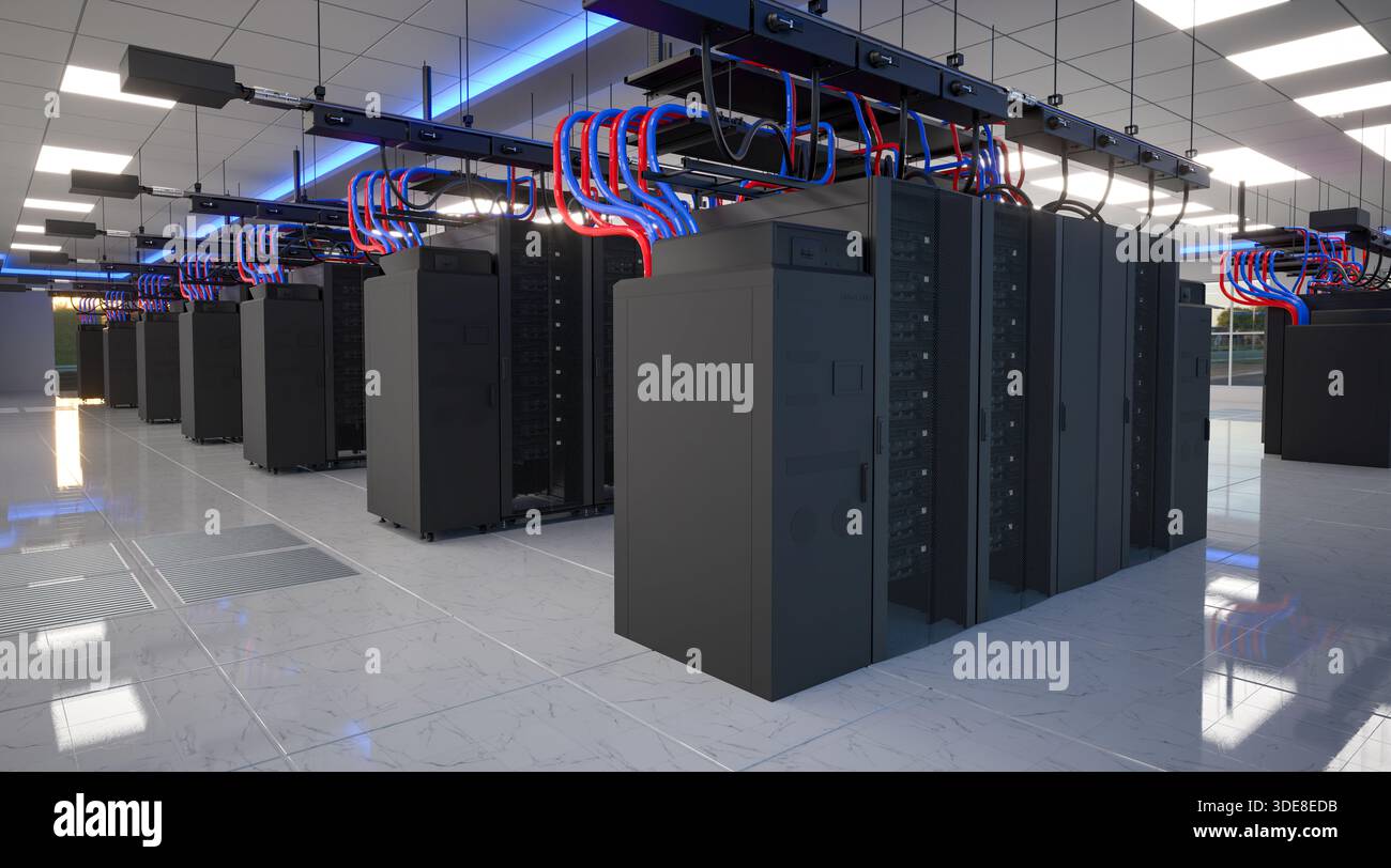 Server Room with Rows of Server Cabinets Stock Photo