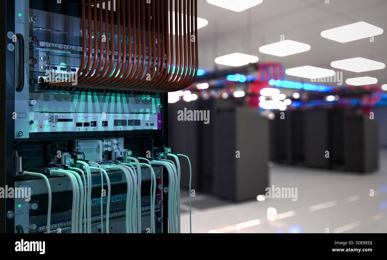 Server Room Network Infrastructure, data center, server rack, network cables Stock Photo