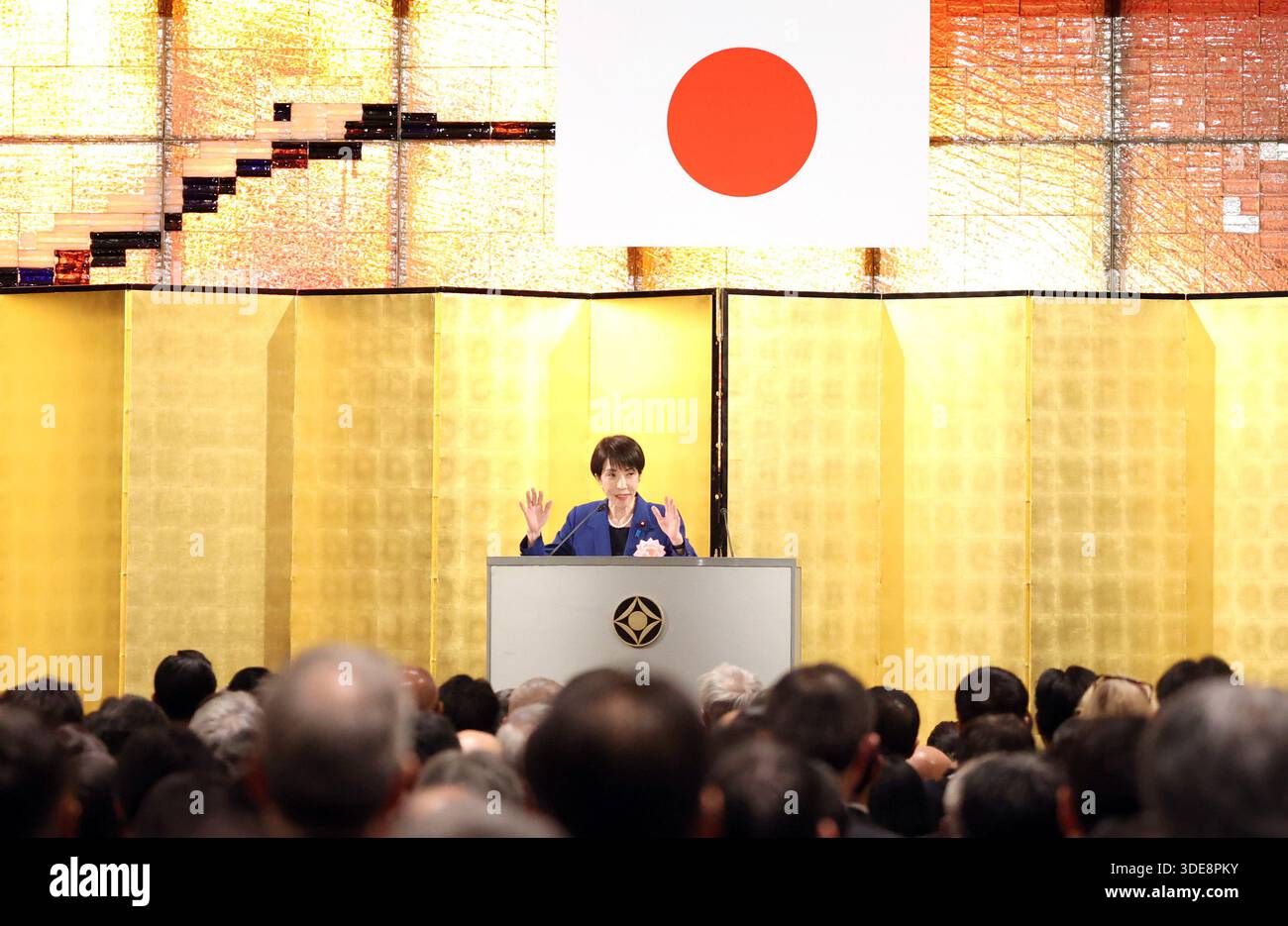 Tokyo, Japan. 6th Jan, 2026. Japanese Prime Minister Sanae Takaichi delivers a speech at a New Year's party hosted by business leaders in Tokyo on Tuesday, January 6, 2025. (photo by Yoshio Tsunoda/AFLO) Credit: Aflo Co. Ltd./Alamy Live News Stock Photo