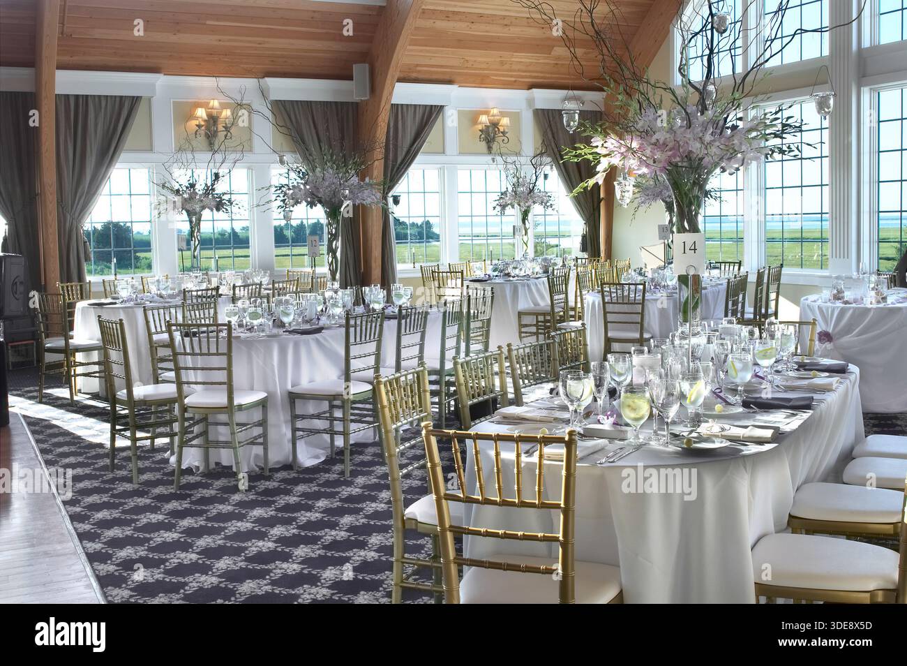 Banquet hall set up for elegant wedding prior to event, Pennsylvania USA Stock Photo