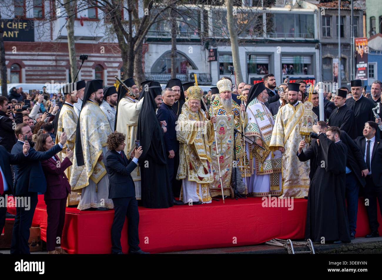January 6, 2026, Istanbul, Istanbul, Turkey: The traditional Cross Throwing Ceremony was held at the Ecumenical Patriarchate in Fener, located in Istanbulâ€™s Balat district. The ceremony, which symbolizes the baptism of Jesus Christ in the Jordan River according to Orthodox Christian belief, included prayers and the blessing of the waters by throwing a cross into the holy water..Ecumenical Patriarch BARTHOLOMEW attended the ceremony. Clergy members and worshippers also took part, offering prayers for peace, health, and well-being. The ceremony concluded after hymns and blessings. (Credit Imag Stock Photo