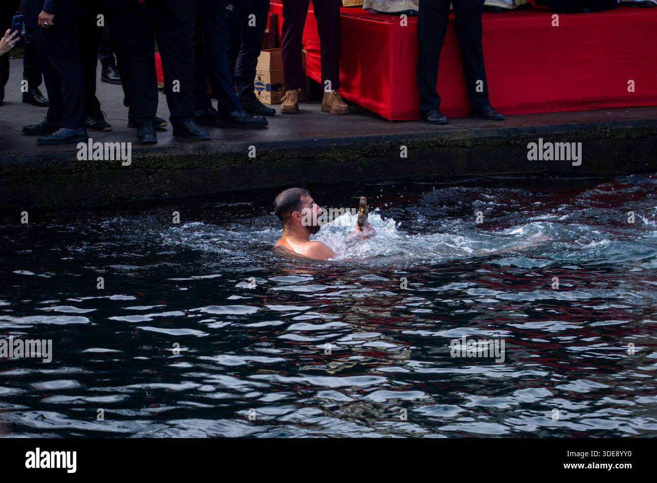 January 6, 2026, Istanbul, Istanbul, Turkey: The traditional Cross Throwing Ceremony was held at the Ecumenical Patriarchate in Fener, located in Istanbulâ€™s Balat district. The ceremony, which symbolizes the baptism of Jesus Christ in the Jordan River according to Orthodox Christian belief, included prayers and the blessing of the waters by throwing a cross into the holy water..Ecumenical Patriarch Bartholomew attended the ceremony. Clergy members and worshippers also took part, offering prayers for peace, health, and well-being. The ceremony concluded after hymns and blessings. (Credit Imag Stock Photo