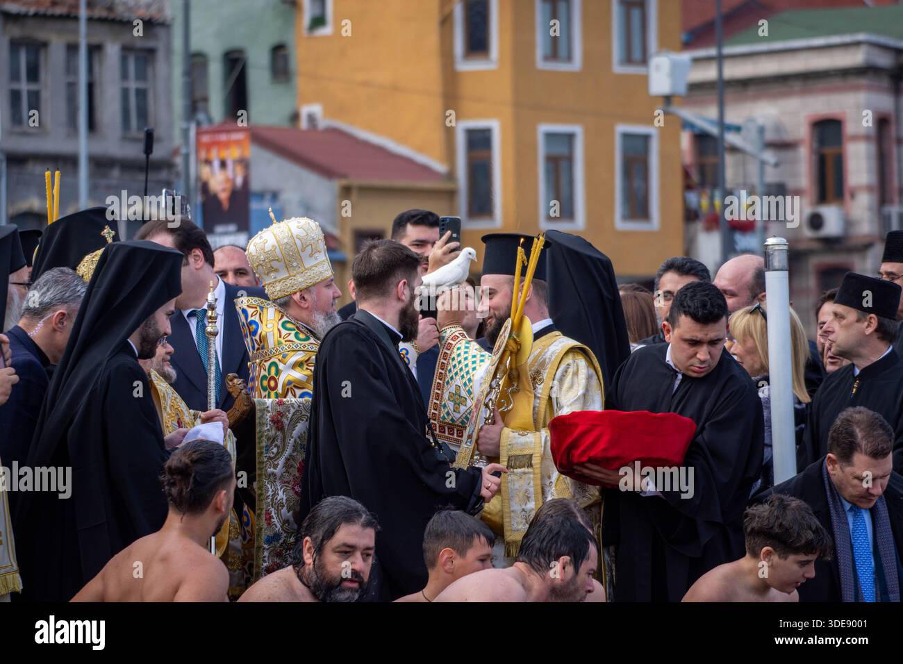 January 6, 2026, Istanbul, Istanbul, Turkey: The traditional Cross Throwing Ceremony was held at the Ecumenical Patriarchate in Fener, located in Istanbulâ€™s Balat district. The ceremony, which symbolizes the baptism of Jesus Christ in the Jordan River according to Orthodox Christian belief, included prayers and the blessing of the waters by throwing a cross into the holy water..Ecumenical Patriarch Bartholomew attended the ceremony. Clergy members and worshippers also took part, offering prayers for peace, health, and well-being. The ceremony concluded after hymns and blessings. (Credit Imag Stock Photo