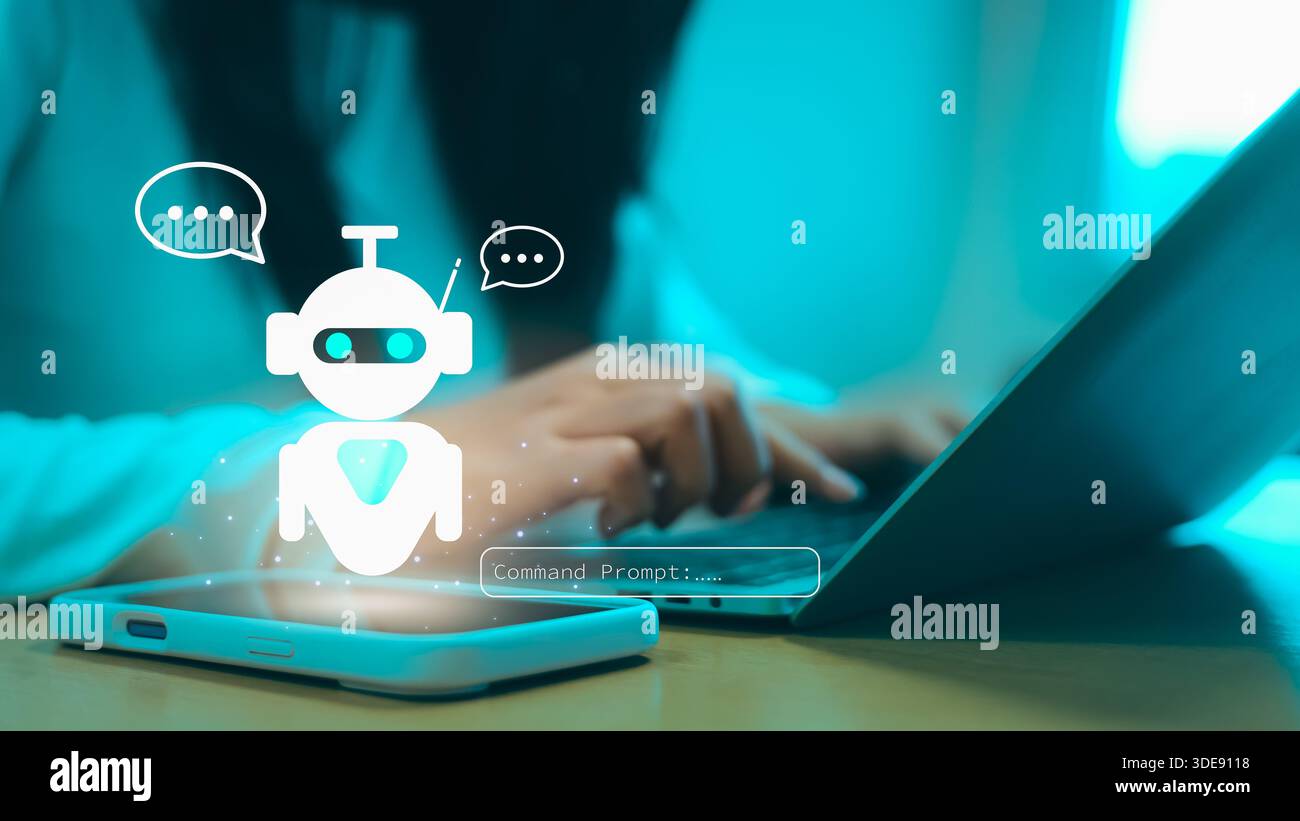 Close up of hands using smartphone with AI chatbot icon and command ...