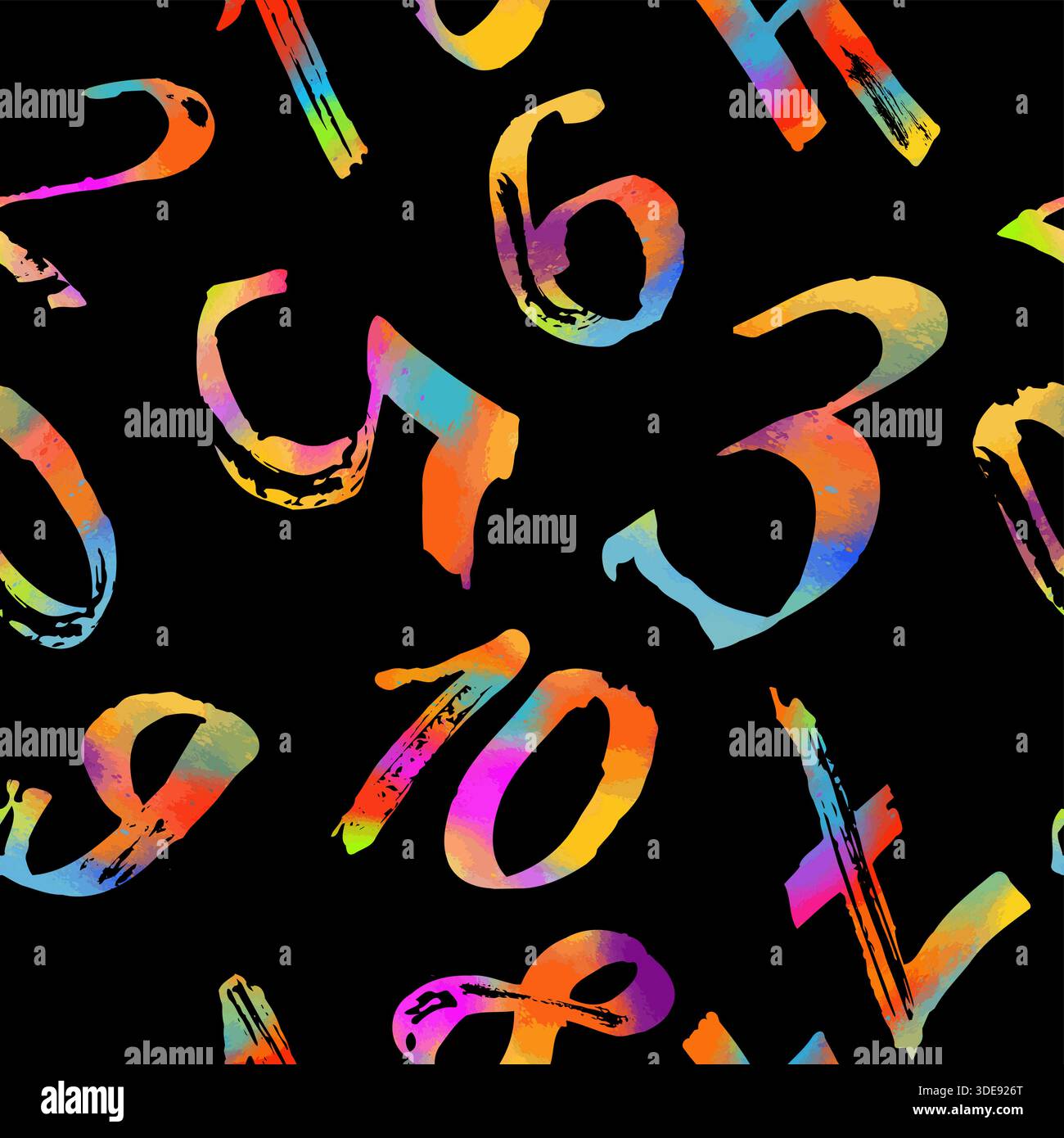 Grunge colored numbers vector seamless pattern on black background. hand drawn. Not AI, Vector illustration Stock Vector