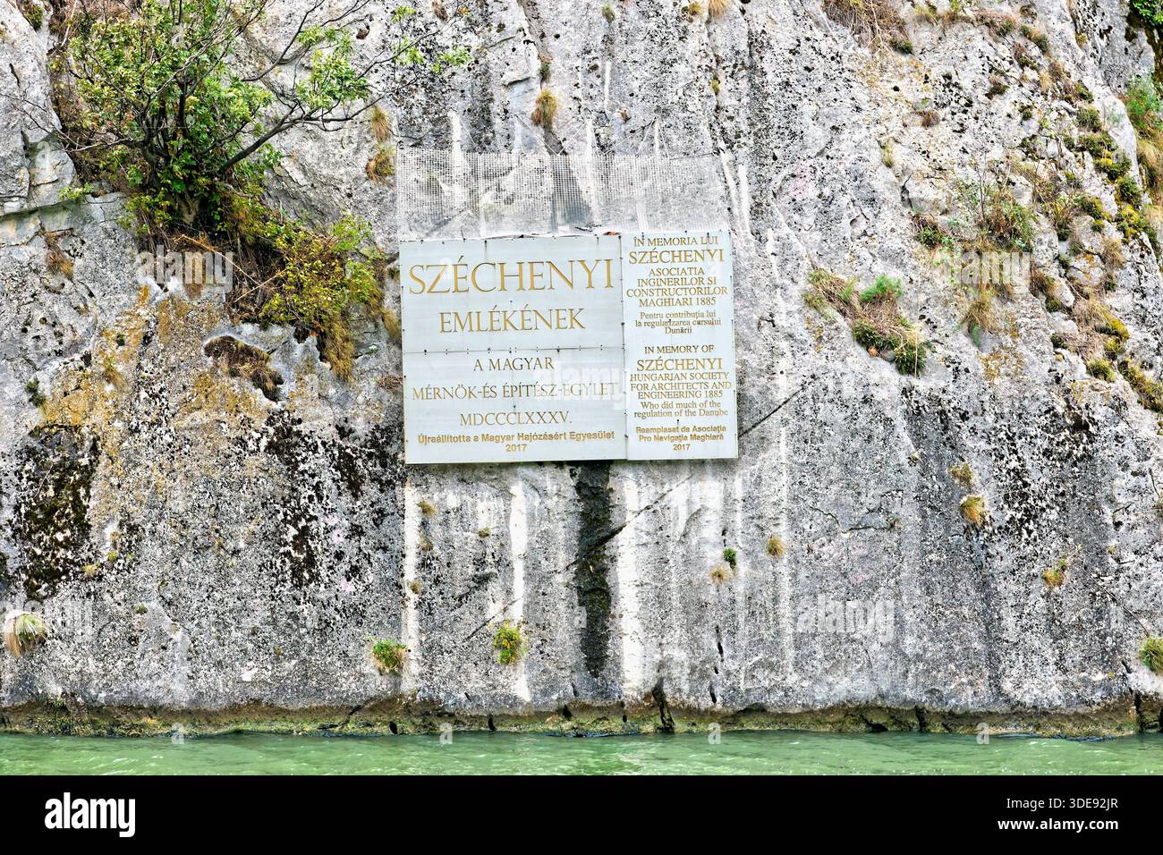Memorial stele to the Hungarian politician Istv��n Sz��chenyi at the origin of the modernization of the Iron Gates, Danube River, Serbia Stock Photo