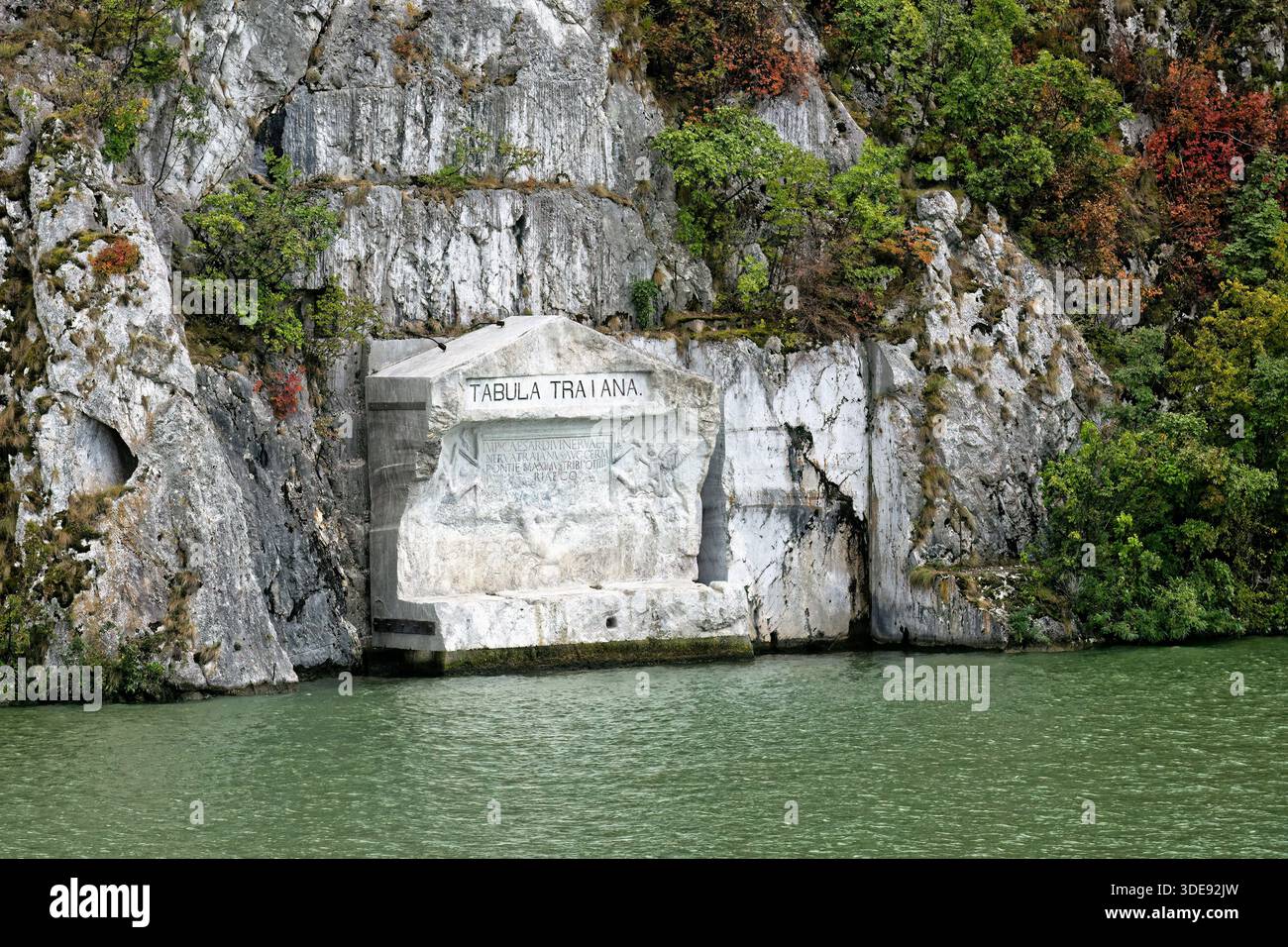 Trajan��s Plaque or Tabula Traiana Roman memorial, Iron Gates, Danube River, Serbia, Stock Photo