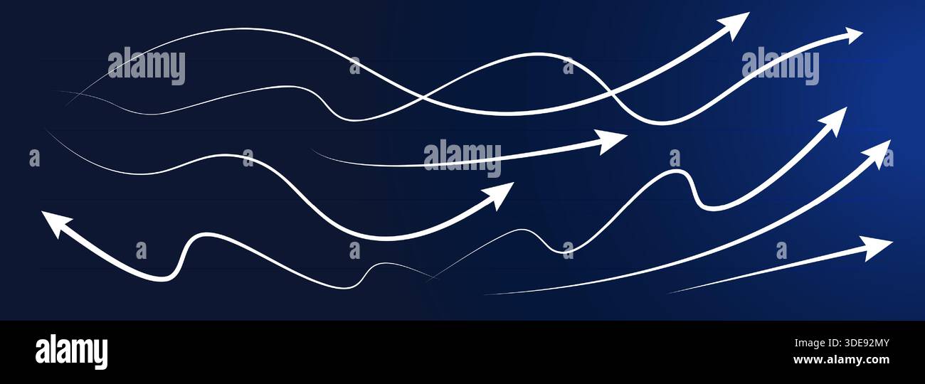 Growth arrows rising, dynamic white curve arrow paths on blue, business success trend background. Upward growth curves for finance, presentation Stock Vector