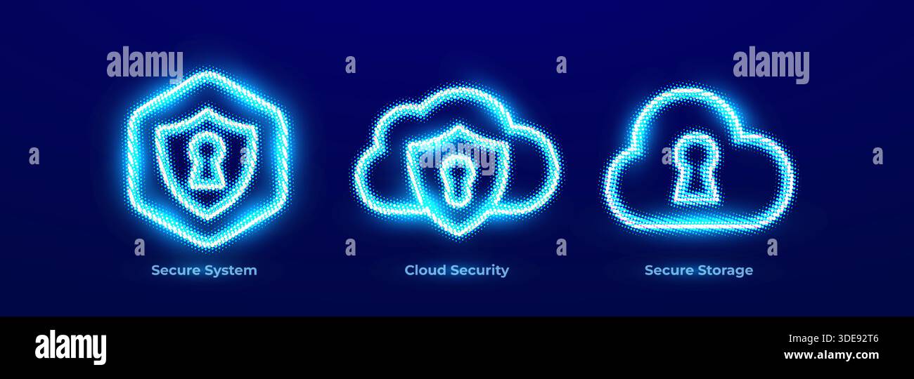 Secure System Network Protection Cyber Defense Icons Set.Cloud Security Data Protection Encryption Neon Logo.Secure Storage Data Security Backup for Stock Vector