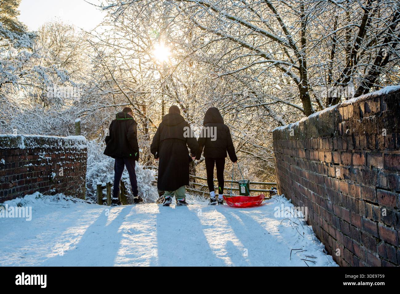 Children pulling a sledge through the winter snow of January 2026  during a snow day off school Stock Photo