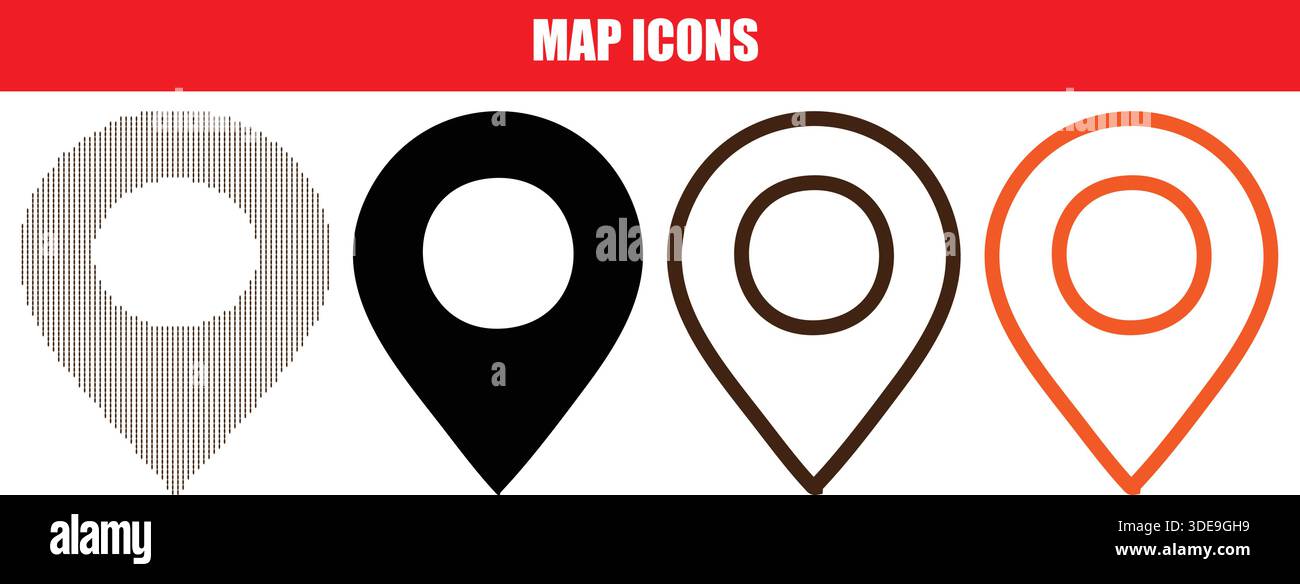 Versatile collection of map pin icons including solid black silhouette, thin line art, orange stroke, and unique halftone dot patterns Stock Vector