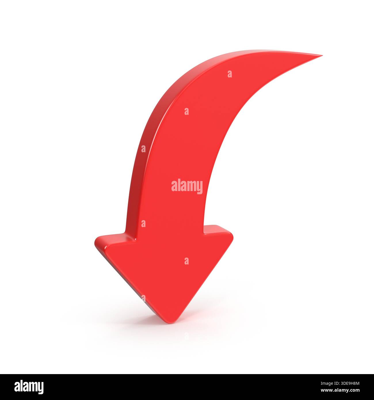Red Curved Down Arrow on White Background Stock Photo