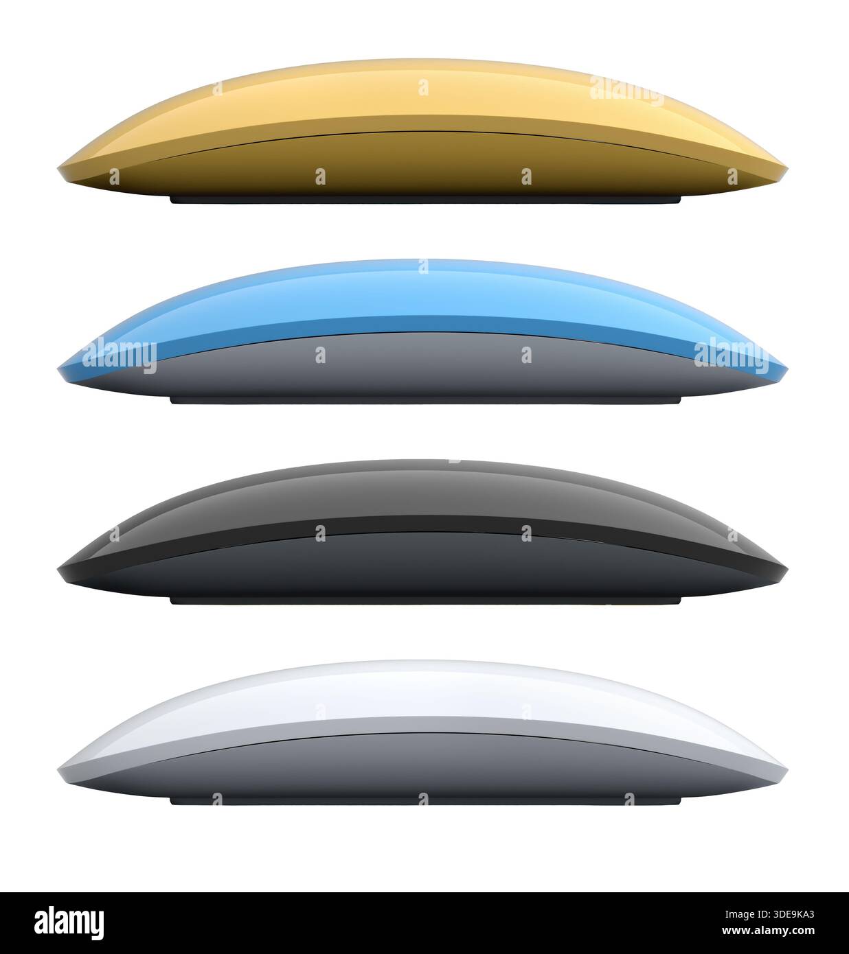 Set of wireless computer mice in various colors side by side isolated on white background, tech design concept Stock Photo