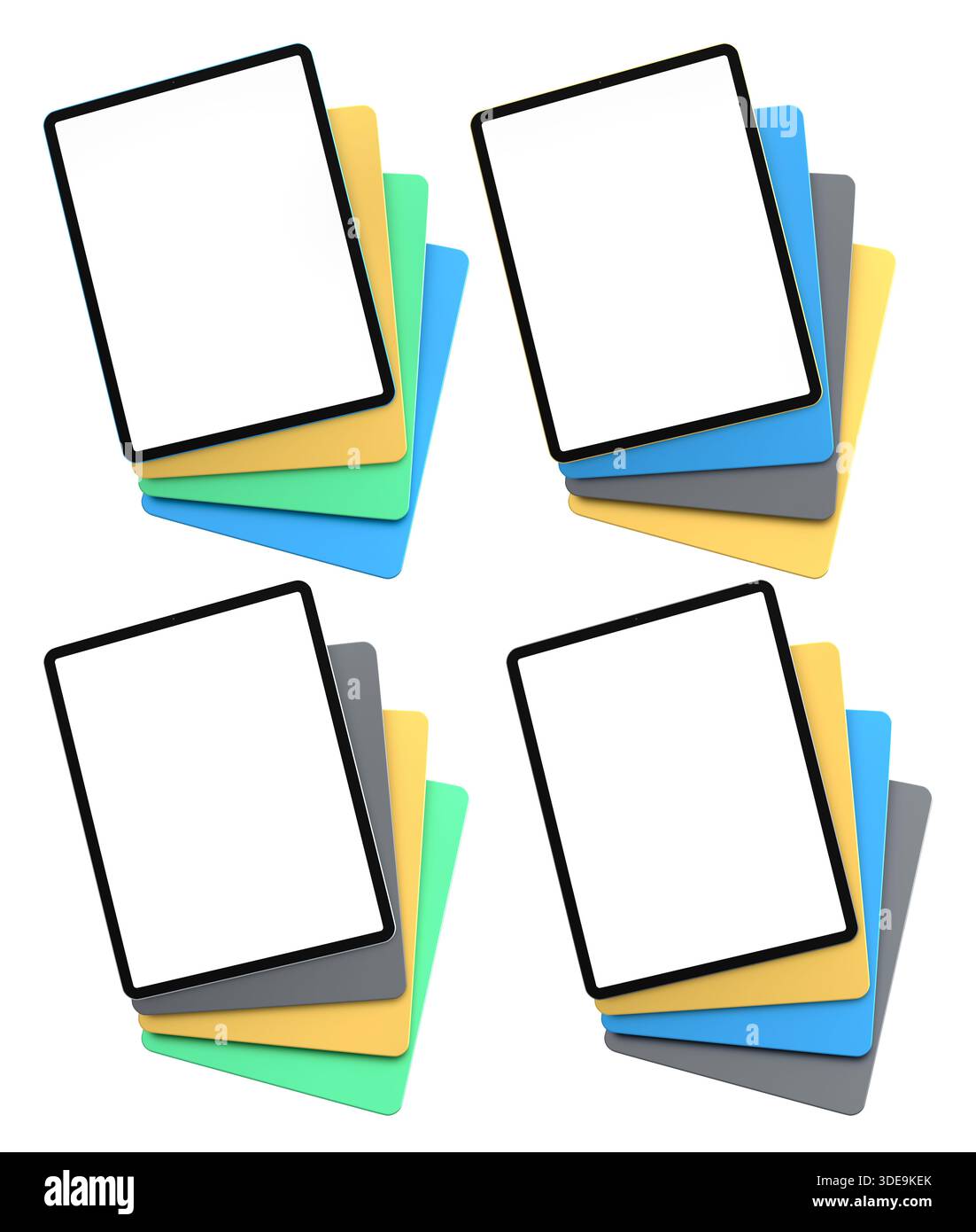 Multiple black-framed digital tablets stacked with colorful sheets, isolated on white background Stock Photo