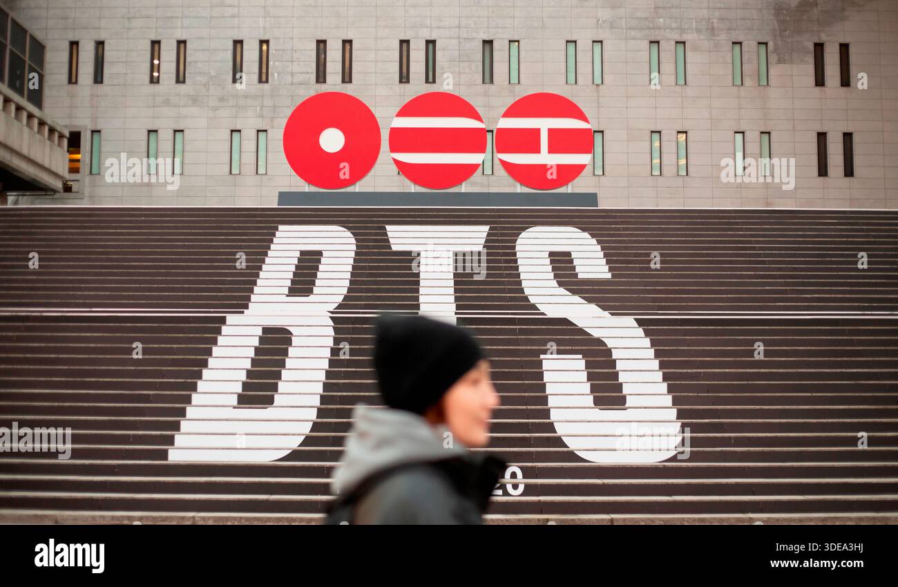 Seoul, South Korea. BTS to release its fifth album, Jan 6, 2026 : Images of BTS's logo are seen wrapped around the Sejong Center for the Performing Arts in central Seoul, South Korera. The images were installed to promote the boy band's upcoming album. BTS is set to release its fifth full-length album on March 20. The album will have 14 tracks. Credit: Lee Jae-Won/AFLO/Alamy Live News Stock Photo