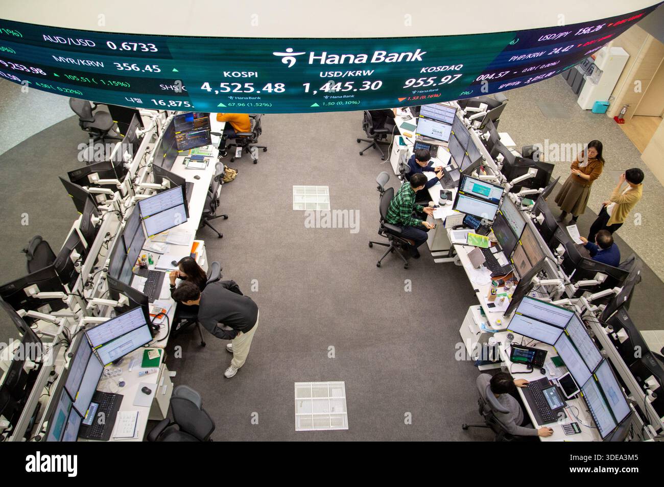 South Korean stocks and exchange rate, Jan 6, 2026 : Currency traders work as a screen shows exchange rates and KOSPI (Korea Composite Stock Price Index) at a dealing room of Hana Bank in Seoul, South Korea. The benchmark KOSPI climbed 67.96 points, or 1.52 percent, to finish at a new record high of 4,525.48, breaking the 4,500-point mark for the first time, local media reported. Credit: Lee Jae-Won/AFLO/Alamy Live News Stock Photo
