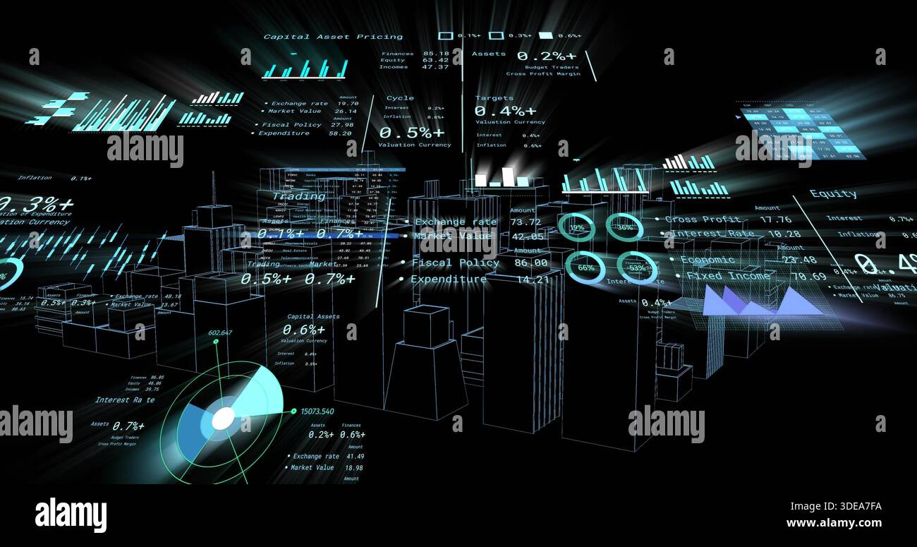 Glowing holographic financial dashboard floating in virtual 3D void ...