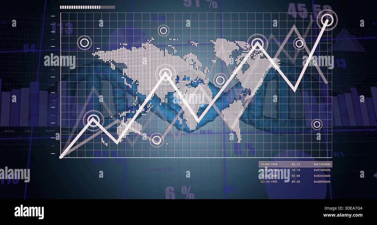 Displaying dotted world map with zigzag chart, circular markers on dashboard, suits shaking hands Stock Photo