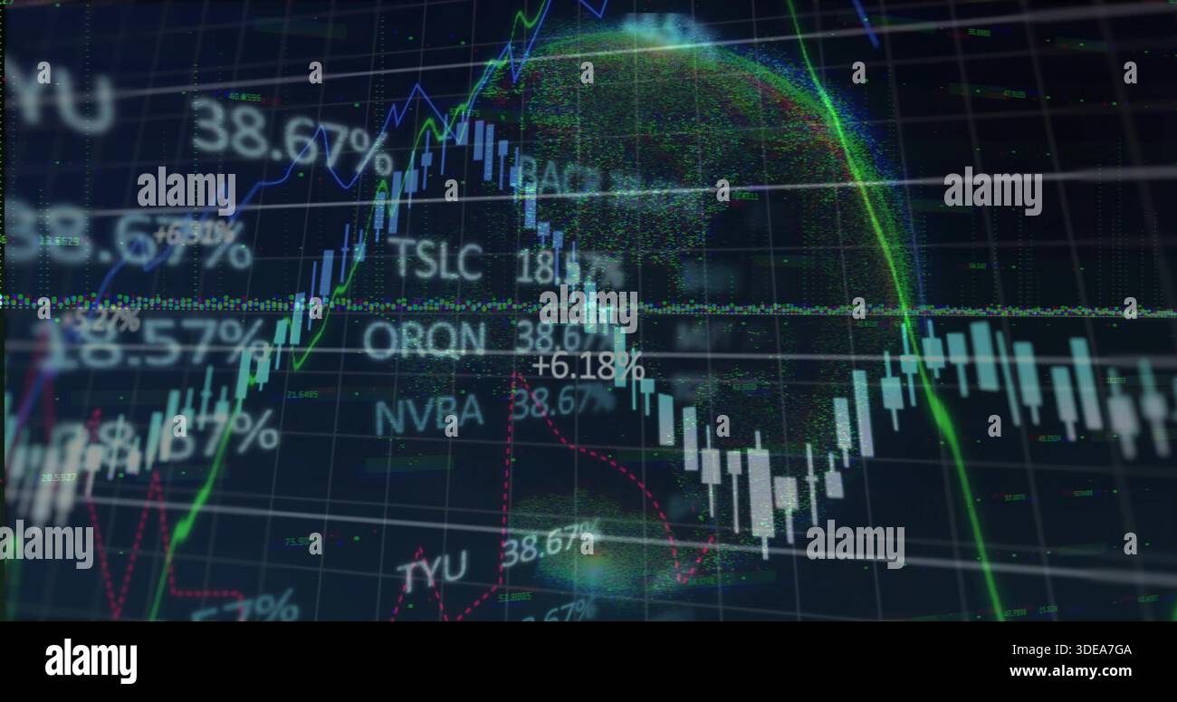 Displaying candlestick chart with pixelated data globe on trading display, showing floating tickers Stock Photo
