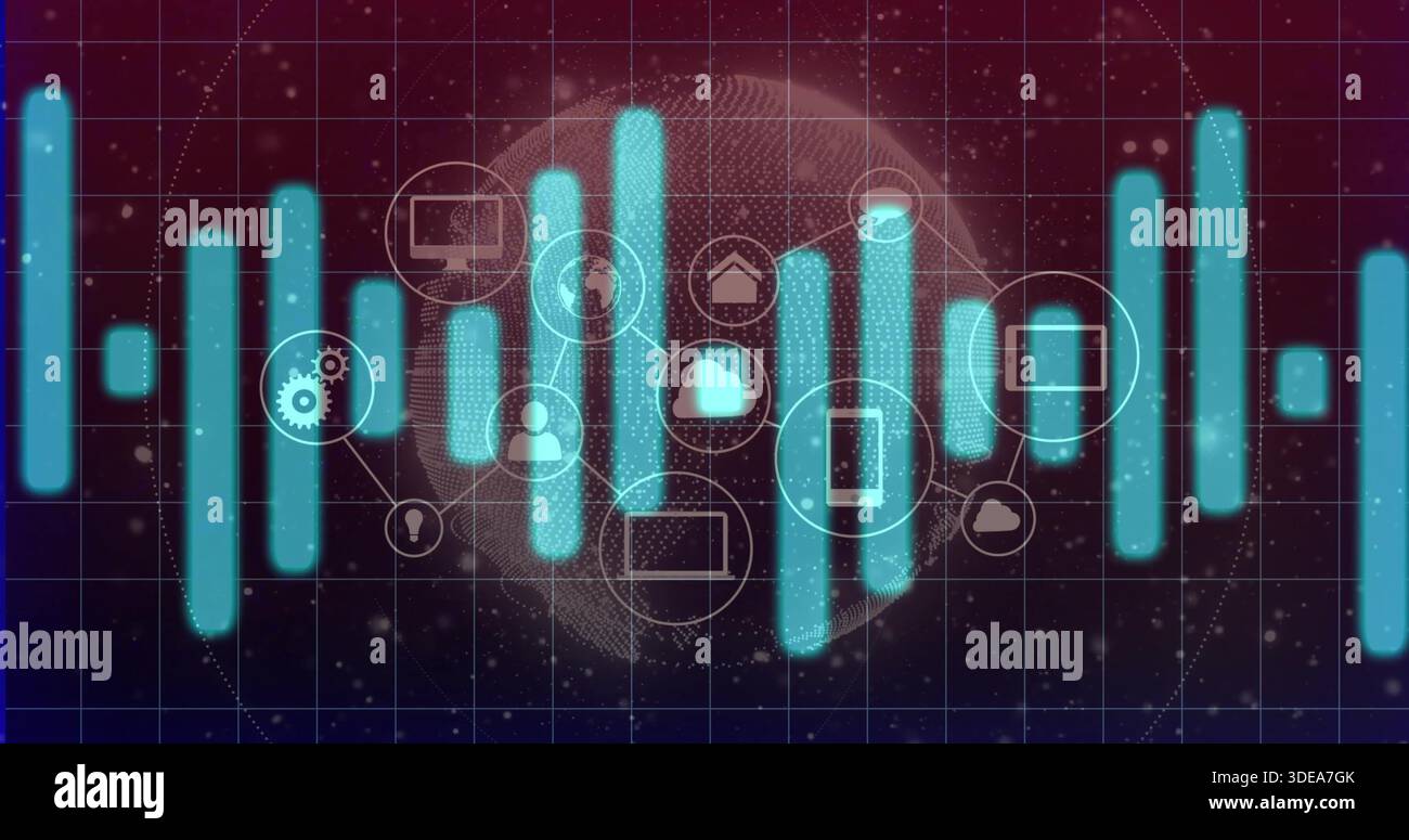 Animating central cyan or teal bars and circular tech nodes on virtual dashboard, with globe grid do Stock Photo