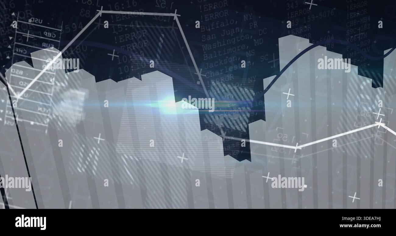 Displaying data visualization animating on virtual dashboard, with 3D bars, line graphs, markers Stock Photo