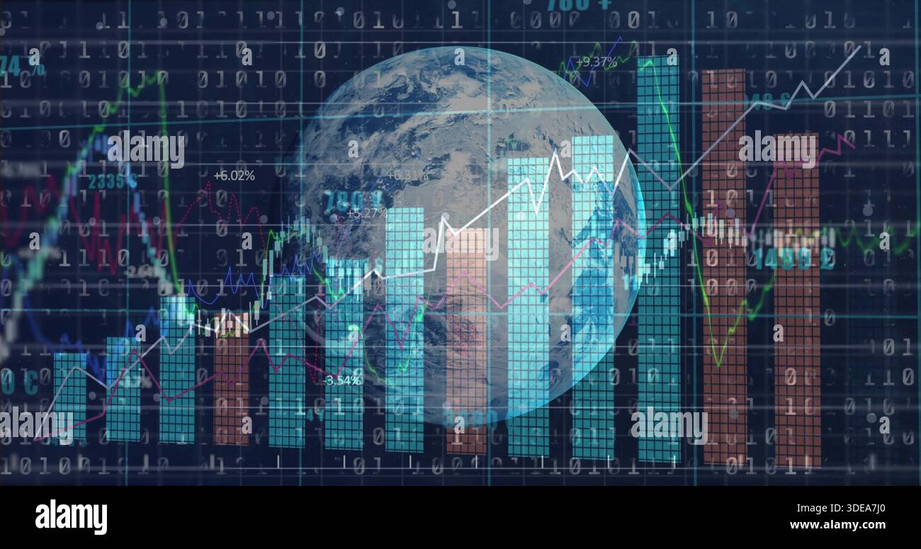 Rotating translucent Earth globe overlapping data screen, showing teal and rust bars, binary code Stock Photo