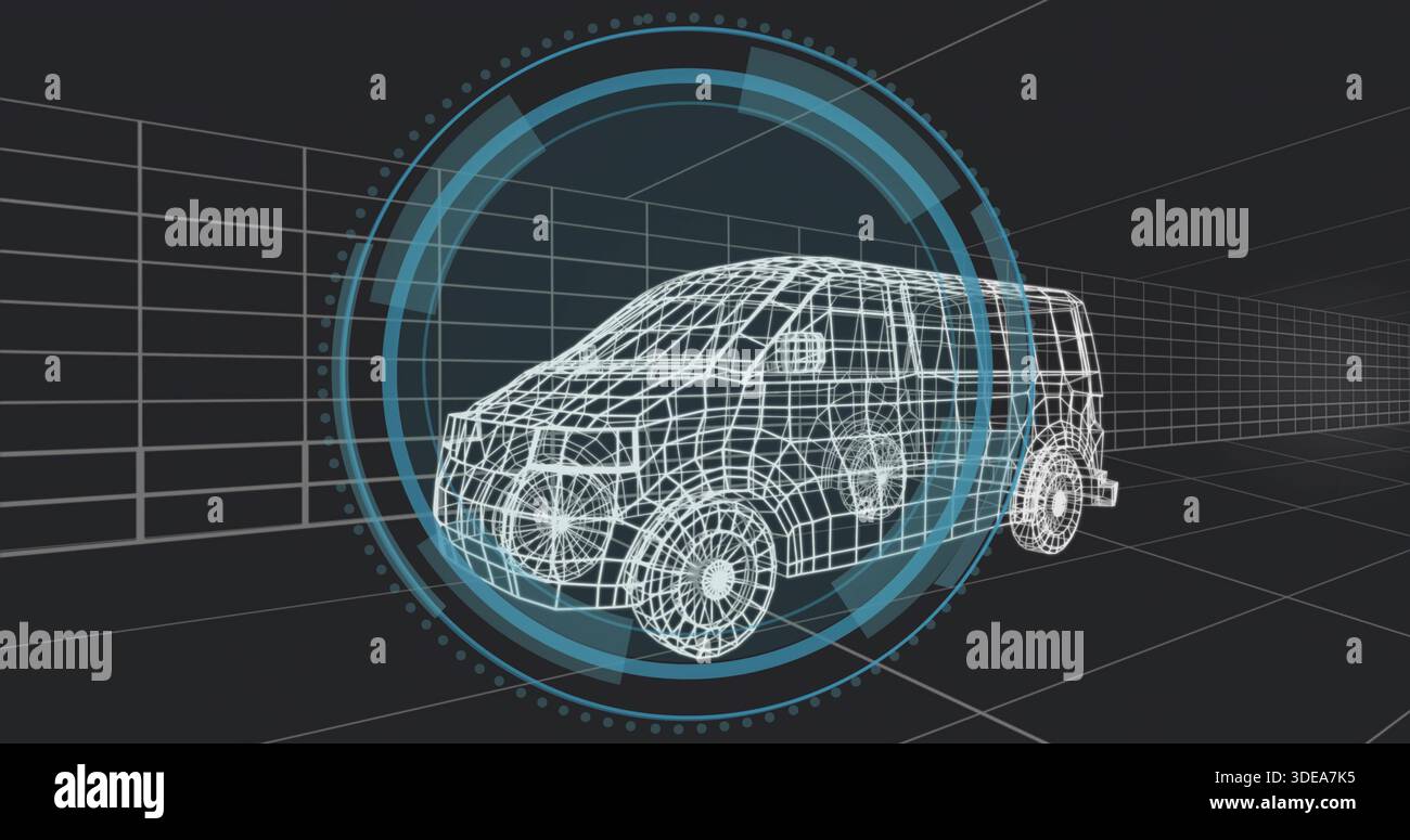 Rendering wireframe SUV model rotating in virtual CAD workspace with HUD rings overlaying grid Stock Photo
