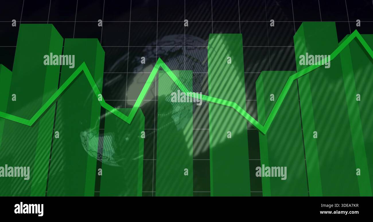 Displaying green 3D bar chart centered on digital dashboard, showing neon-green line, grid, globe Stock Photo