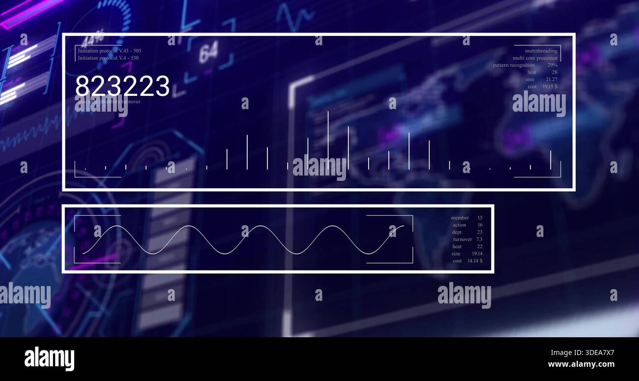 Displaying two clear HUD panels centered on dark console, showing 823223, waveform and globe Stock Photo