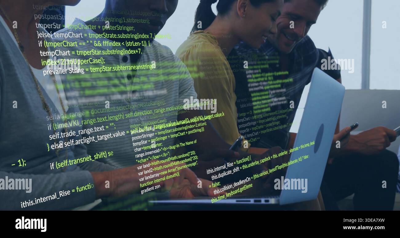 Coding dev team leaning toward laptops at bench by window, yellow top, Apple logo, code overlay Stock Photo
