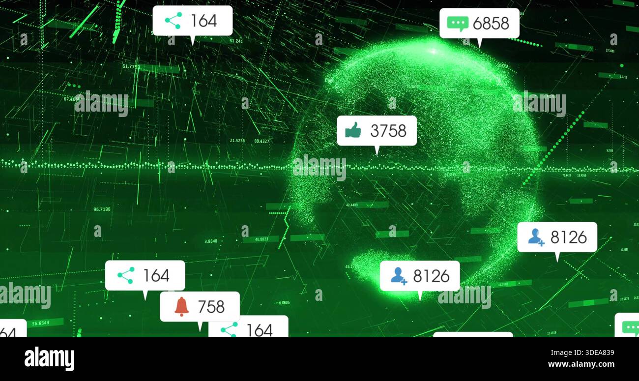 Displaying particle globe rotating within virtual data dashboard, showing UI callouts and counters Stock Photo