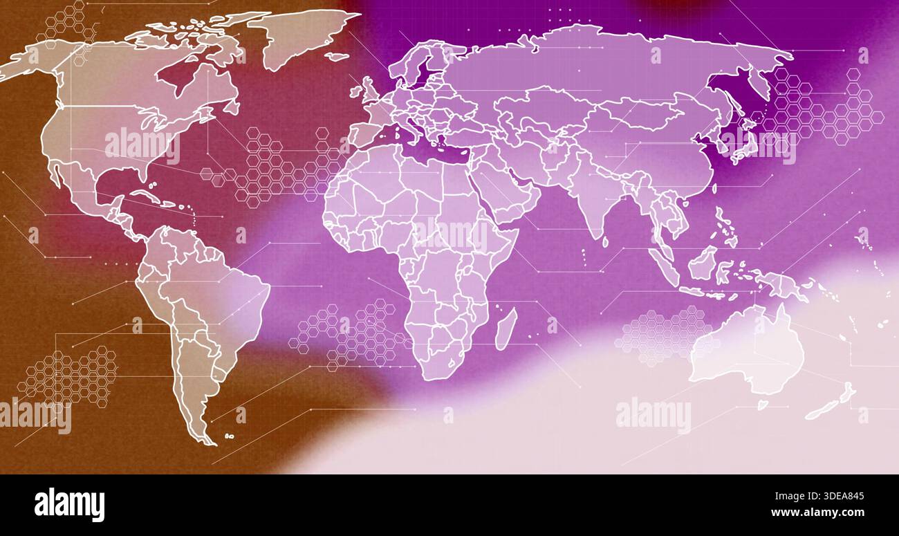 Displaying white outlined world map on digital dashboard, showing hex clusters and callout boxes Stock Photo
