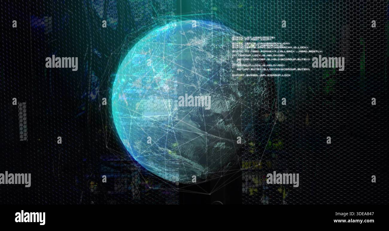 Projecting holographic globe pulsing teal wireframe over hex mesh in control room, showing code Stock Photo