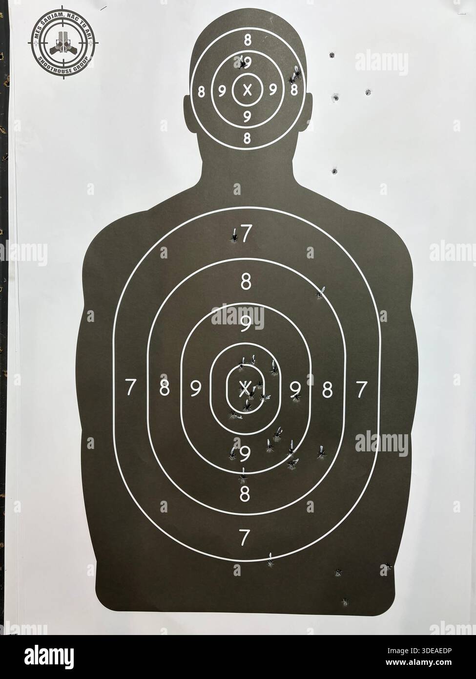 Black silhouette shooting target with bullet holes clustered around ...
