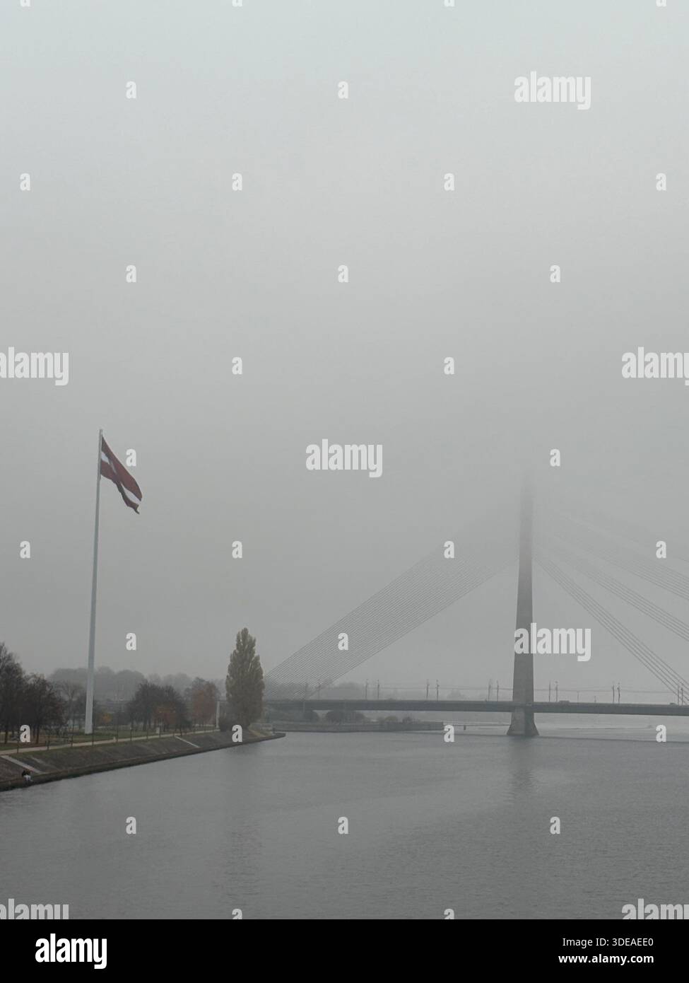 Cable-stayed bridge on foggy day with central pylon and diagonal support cables over calm Daugava river in Riga - Smartphone Captured Stock Image