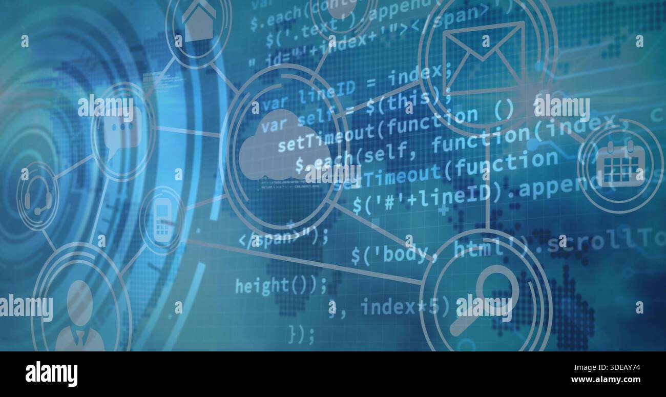 Displaying central interface merging code fragments with circular UI icons over pixelated world map Stock Photo
