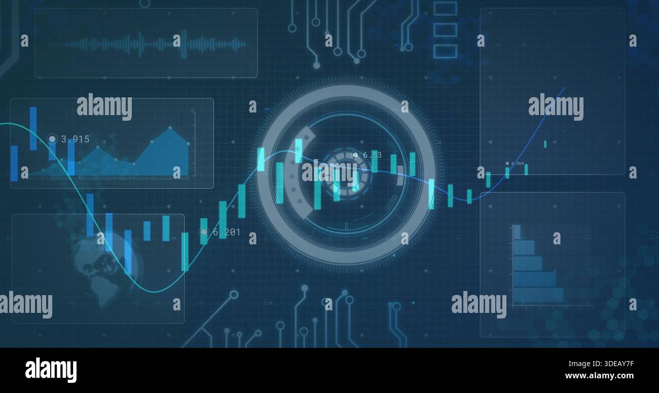 Displaying central circular HUD showing teal candlestick chart with blue trend line on screen Stock Photo