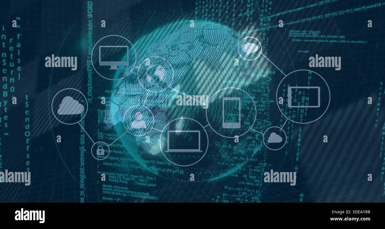 Displaying digital globe connecting device and service icons in virtual space, showing code streams Stock Photo