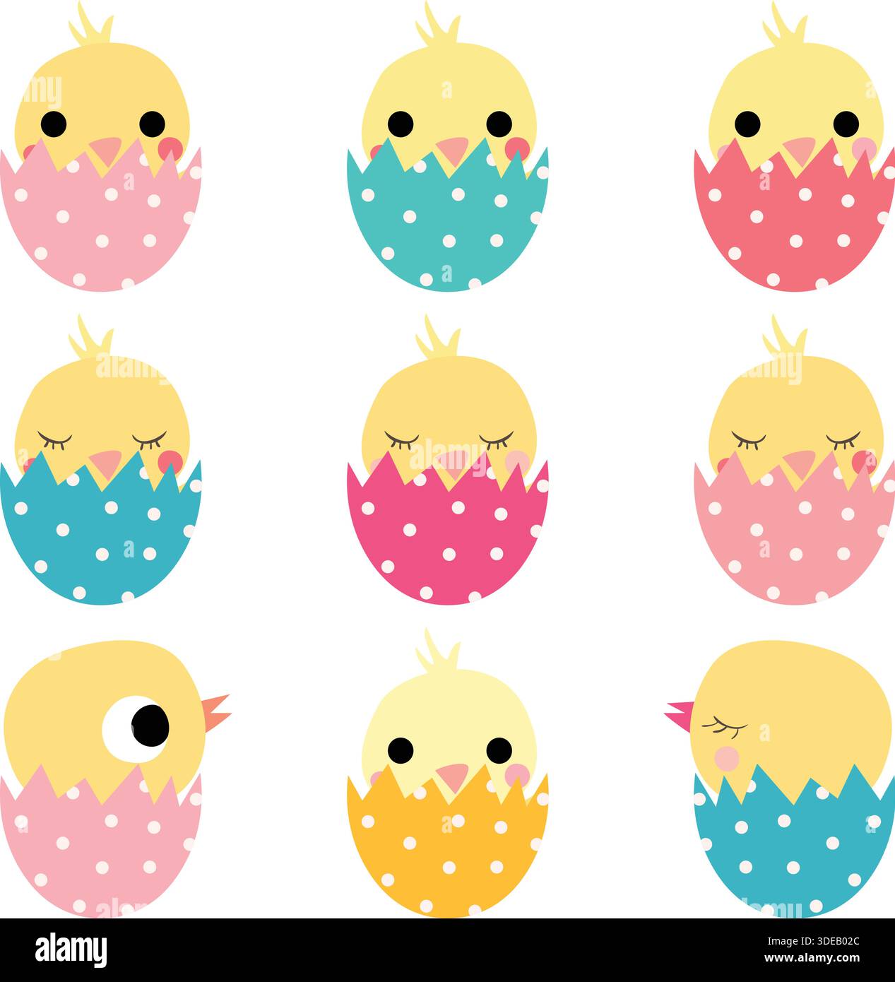 Cute Easter hatching chickens in colored eggs Stock Vector