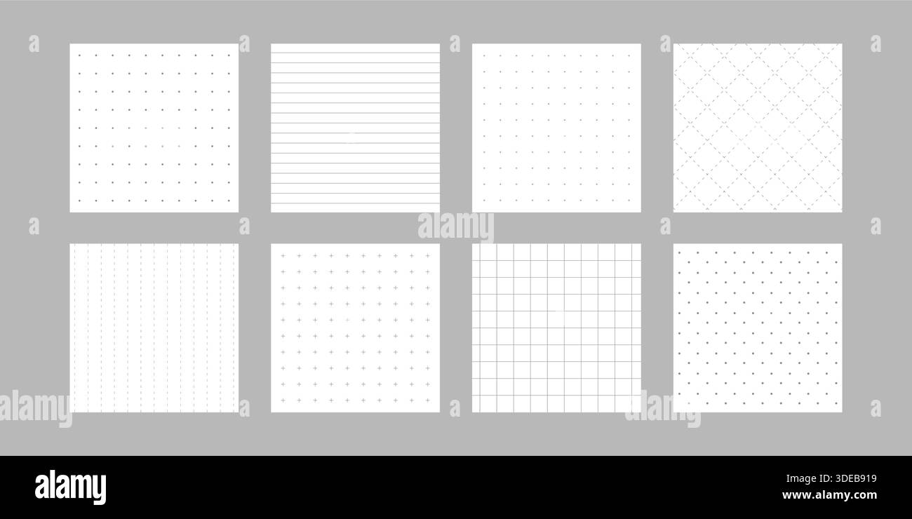 Diary sheet and page template set. Notebook or bullet journal. Lined and grid patterns for writing and notes. Printable Vector illustration Stock Vector