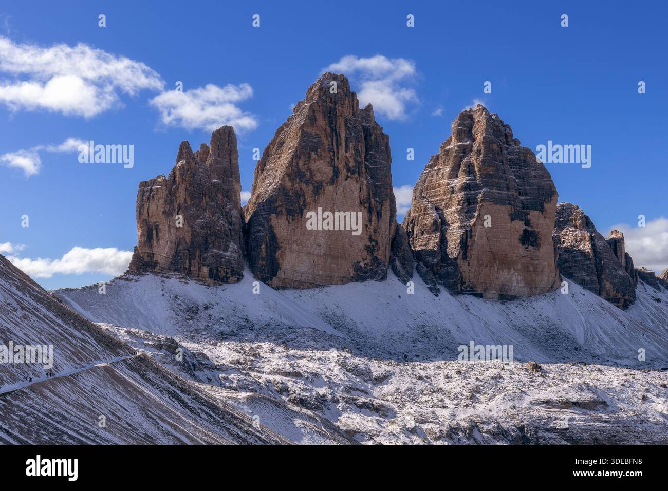 Tre Cime di Lavaredo is a famous mountain range in the Dolomites Alps, Italy Stock Photo
