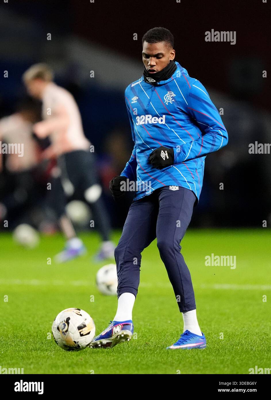 Rangers' Dujon Sterling warms up before the William Hill Premiership ...