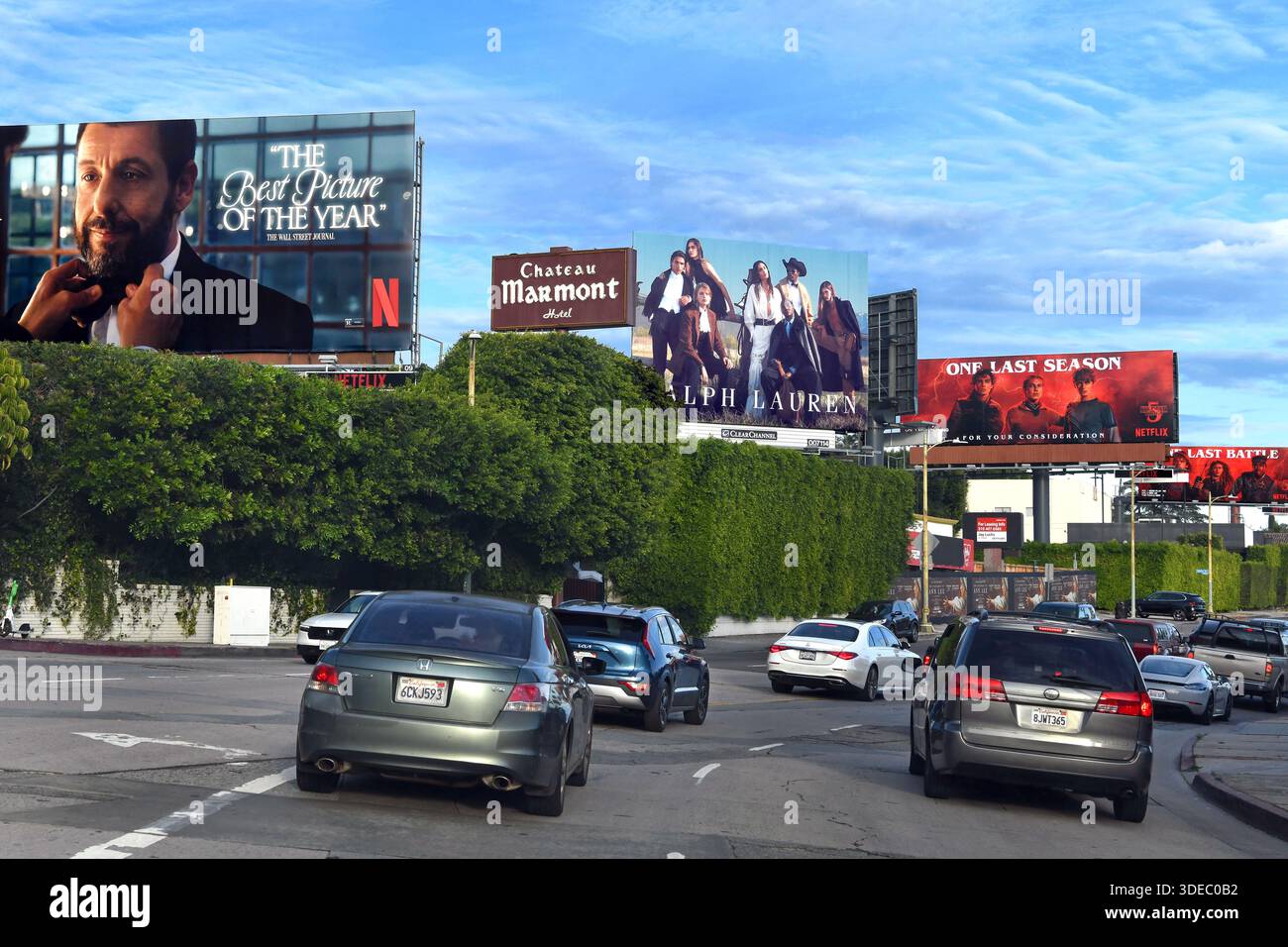 Entertainment and fashion related billboards lining the Sunset Stripin