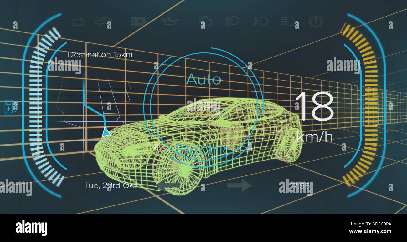 Displaying centered neon green wireframe car model in virtual cockpit HUD, with 18 km or h readout Stock Photo