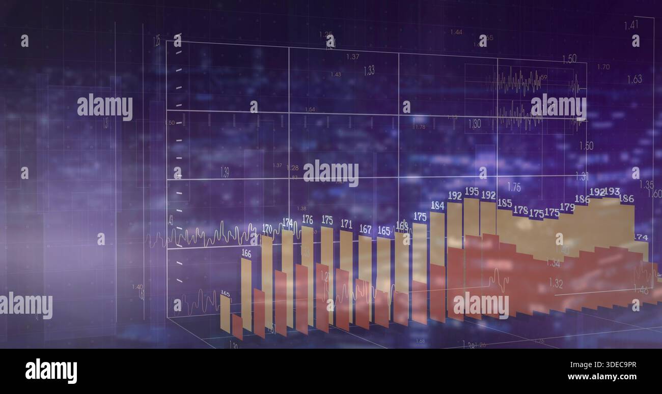 Displaying 3D bar chart rising from reflective grid at dashboard, showing numeric labels, waveform Stock Photo