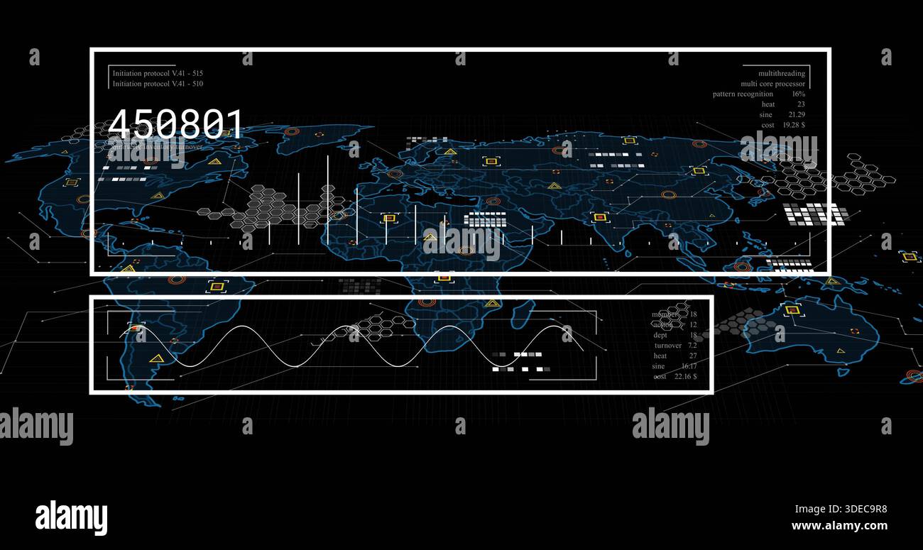 Displaying world-map dashboard on console, showing two white frames, waveform, numeric 450801 Stock Photo