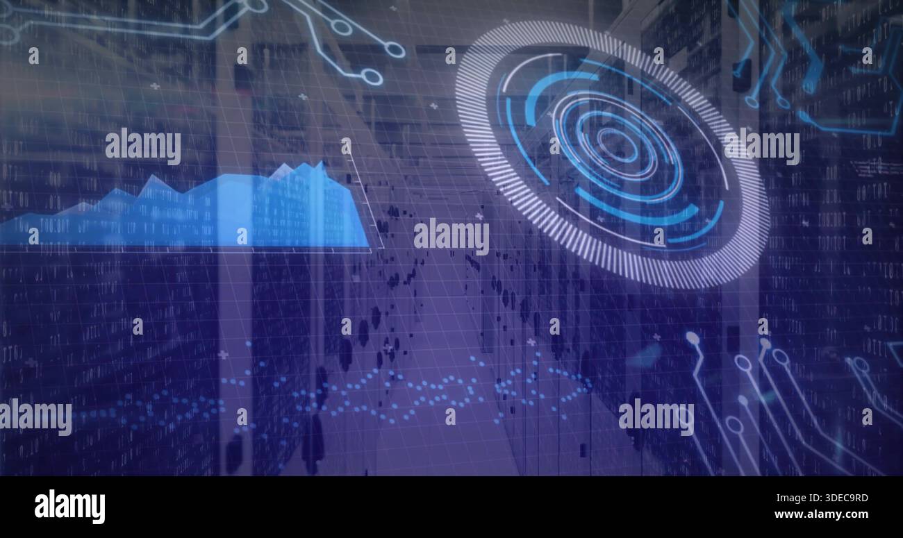 Displaying digital HUD overlay centered on virtual dashboard, with radar, area chart, grid plane Stock Photo