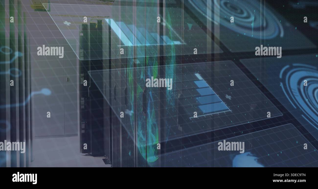 Displaying server racks in data center projecting holographic UI, waterfall data, LED lights Stock Photo
