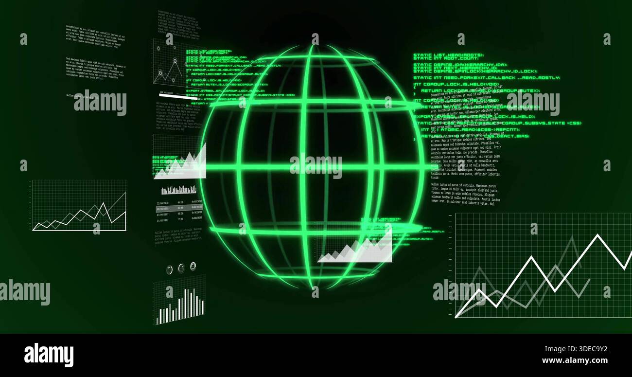 Displaying neon-green 3D wireframe globe rotating in virtual HUD, with line charts and code blocks Stock Photo